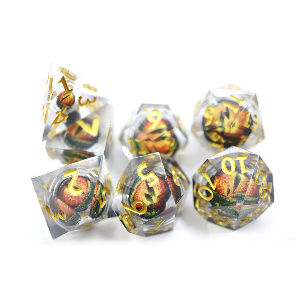 Custom Resin Dice 7pcs DND sharp Edge Red Dragon Eye Ball Core Dice Set with Gold Number