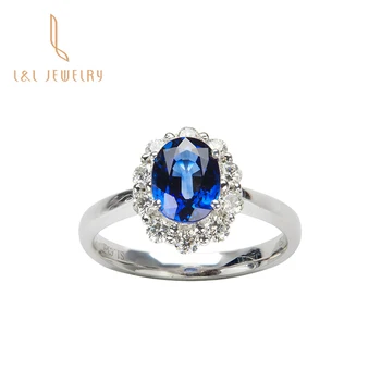 High Quality Luxury jewelry 18K white solid Gold oval Royal Blue Sapphire Ring with real diamond around gift for memorial day