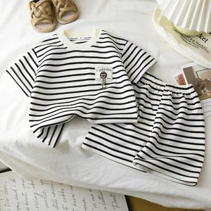 New Children'S Striped Set Summer Boy Black and White Stripes Breathable and Thin Style Short Sleeves and Shorts Two-Piece Set
