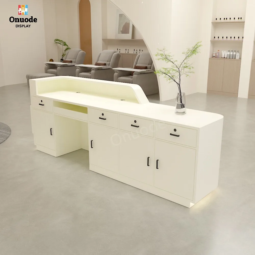 Custom Hotel & Salon Reception Desk | LED Cashier Checkout Counter | Front Counter Showcases for Office & Beauty Store