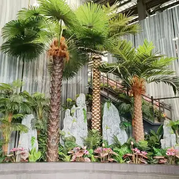 Wholesale Outdoor And Indoor FiberGlass Artificial areca palm tree Plastic Leaf faux Palm Trees fake coconut tree For Sale
