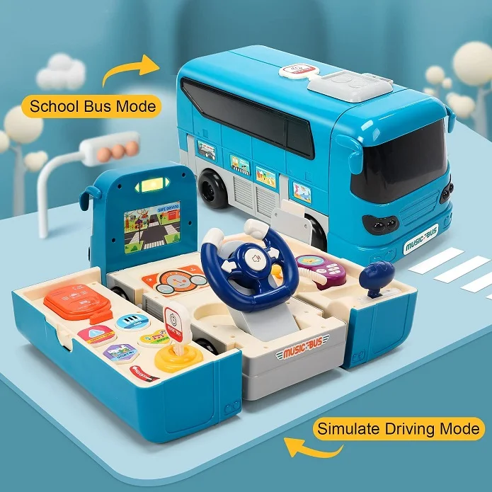 Kids Play Vehicle with Sound and Light Steering Wheel Musical School Bus Toy for Toddler