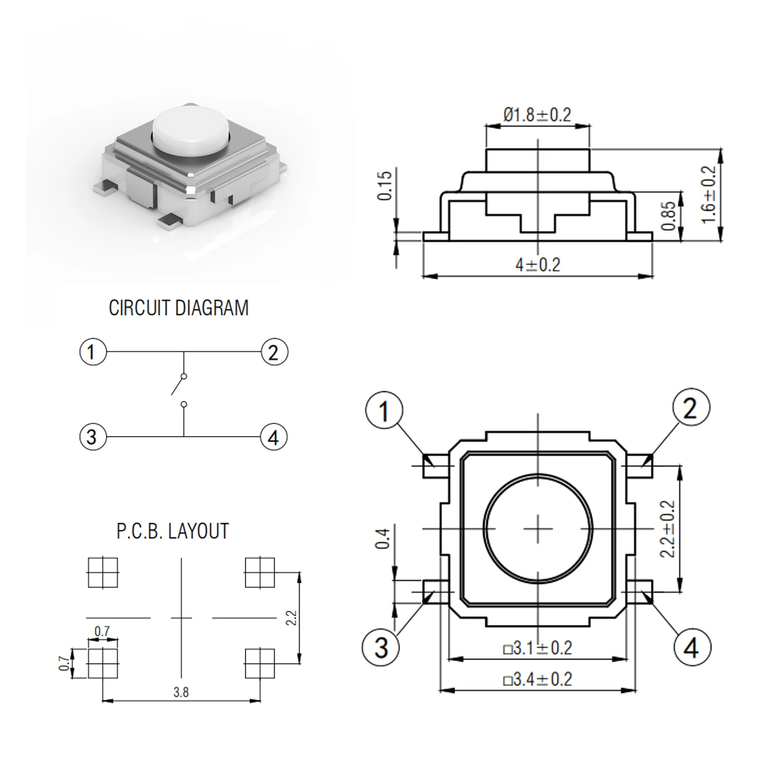 Khan 3x3mm 4pin Smd Tactile Switch - Buy Tactile Switch,Push Button ...