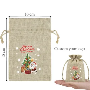 Custom Logo Print Service Christmas Drawstring Pouch Candy Storage Bag Nature Color Gift Jewelry Packing Storage Jute Pouch