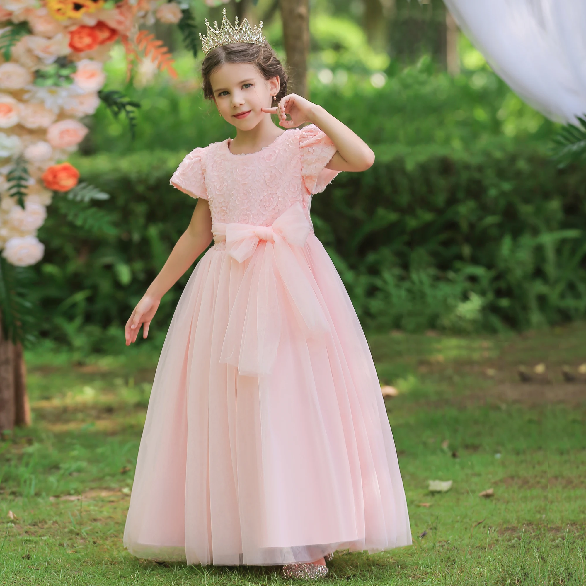 Western Style Rose Pattern Children's Gown For Girls Tulle Big Girl
