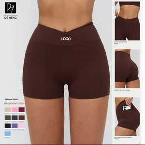 Custom Cross-Waist Naked Tummy Control Yoga Shorts Tight Outdoor Running Cycling Sports Yoga Scrunch Butt Women's Gym Shorts
