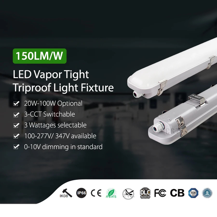 Vapor-tight Linear LED Garage Tube Light Vapor Tight Waterproof Fixture Dimmable IP66 LED Tri-proof Light