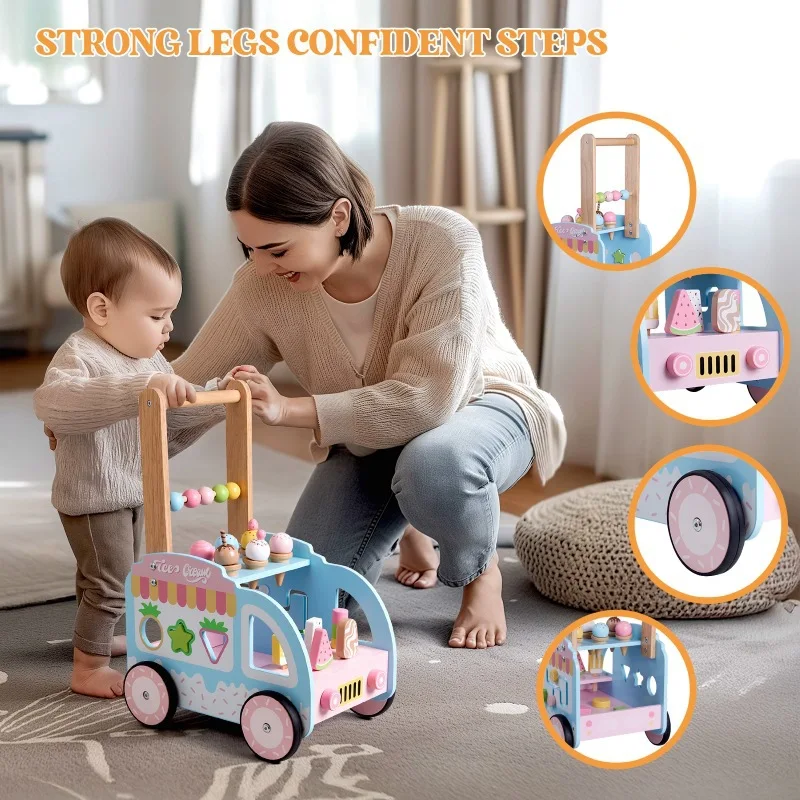 Montessori Holz Baby-Laufgitter mit Eiscreme Rollenspiel Säuglings- und Kleinkind-Lernspielzentrum zur Entwicklung der motorischen Fähigkeiten