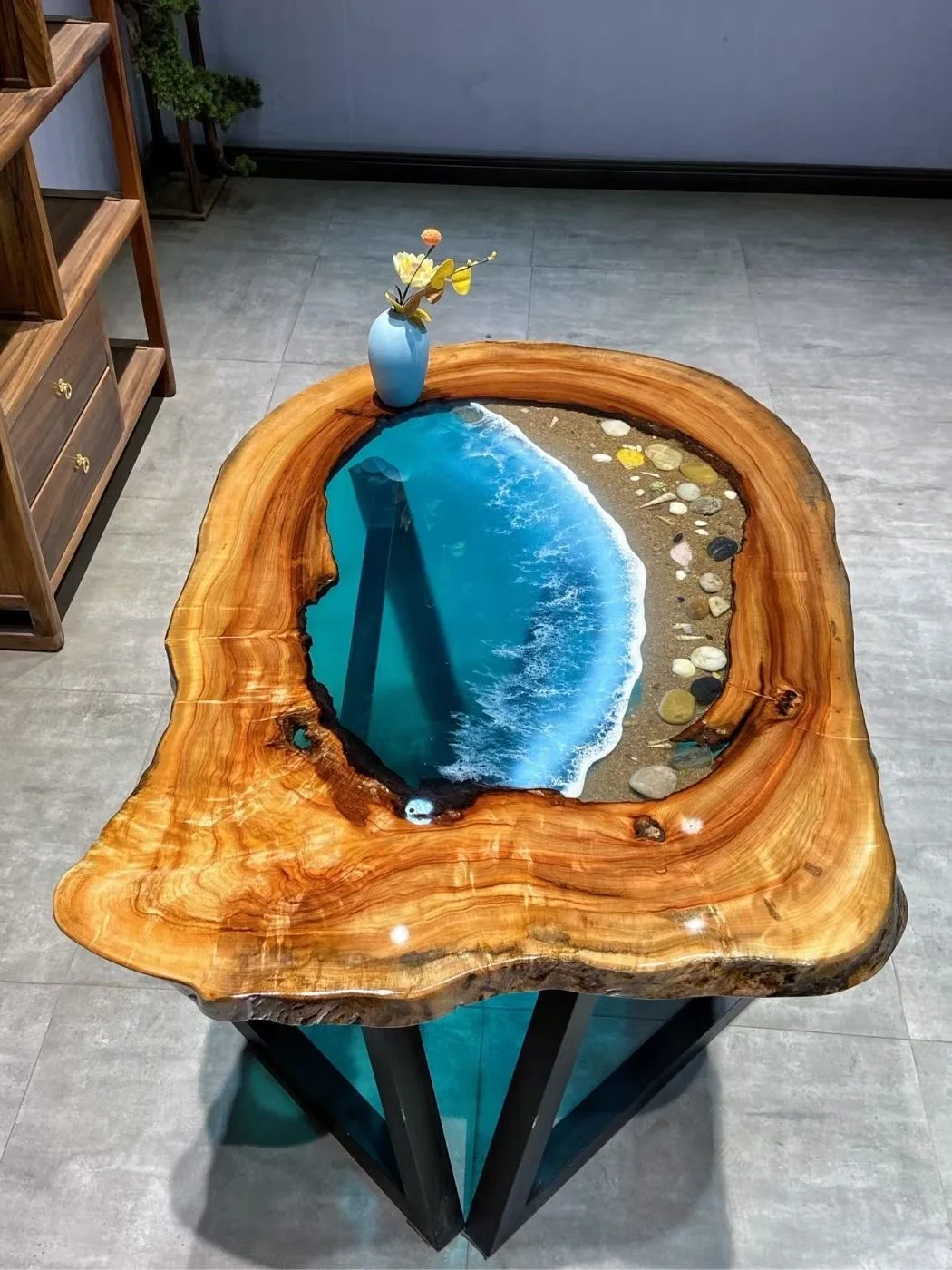 Luxury Support Logo Walnut Wood Round Dinner Clear River Blue Ocean Island Bar Dining Coffee Epoxy Resin Table Top