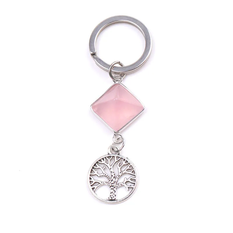 Amethyst Crystal Pyramid Life Tree Pendant Detachable Keychain White Crystal Opal Tiger Eye Stone Pyramid Key Rings Accessories