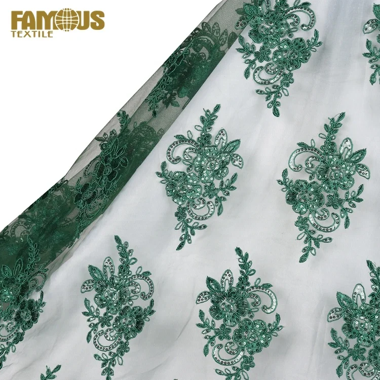 Modern Style Dark Green Color Sequin Luxury Cord Flat Embroidery Lace Fabrics for Evening Dress