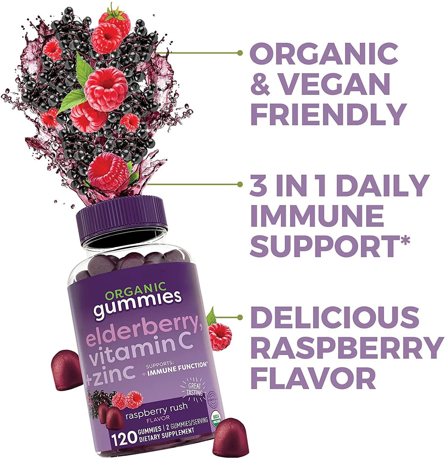 Adults Herbal Supplement Immune Support Organic Sambucus Black Elderberry Gummies With Zinc Vitamin C