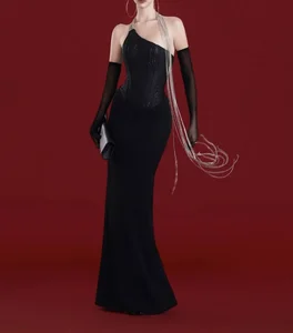 Women Sexy One Shoulder Chain Diamonds Black Maxi Long Bodycon Bandage Dress Elegant Evening Club Party Dress