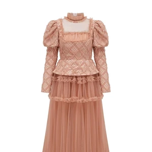 Bettergirl 2026 New Glitter Mesh Long Dress Pleated Round Neck Elegant Banquet Women Dress