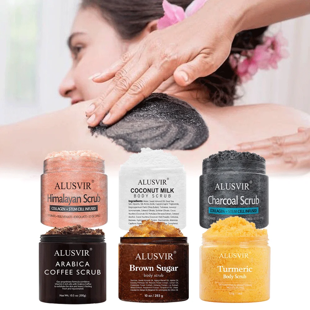 Private Label Brown Sugar Tumeric Coffee Himalayan Salt Charcoal Coconut  Bodyscrub Set Face Exfoliating Whitening Body Scrub