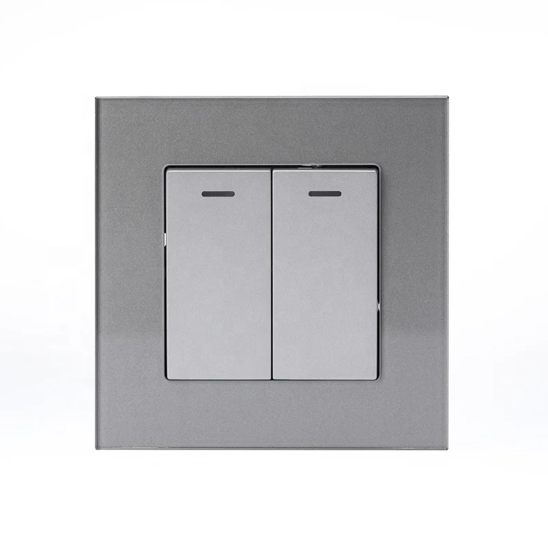 Two Gang One Way Three Way Light Switch With LED Indicator Luxury Design EU Glass Panel 250V 10A Wall Socket