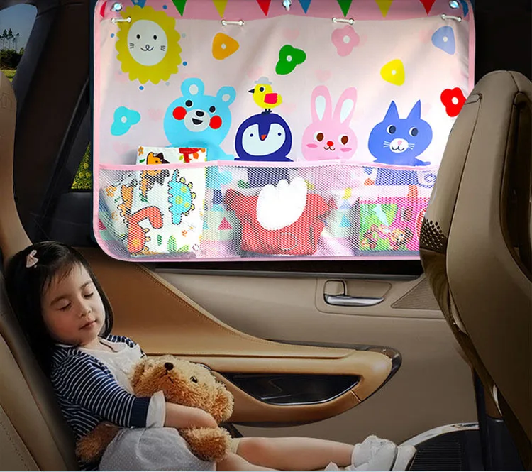 Car Side Window Sunshade Curtain Cartoon Adjustable UV Protection Curtain Sun Visor Blinds Cover With Storage Pocket For Baby