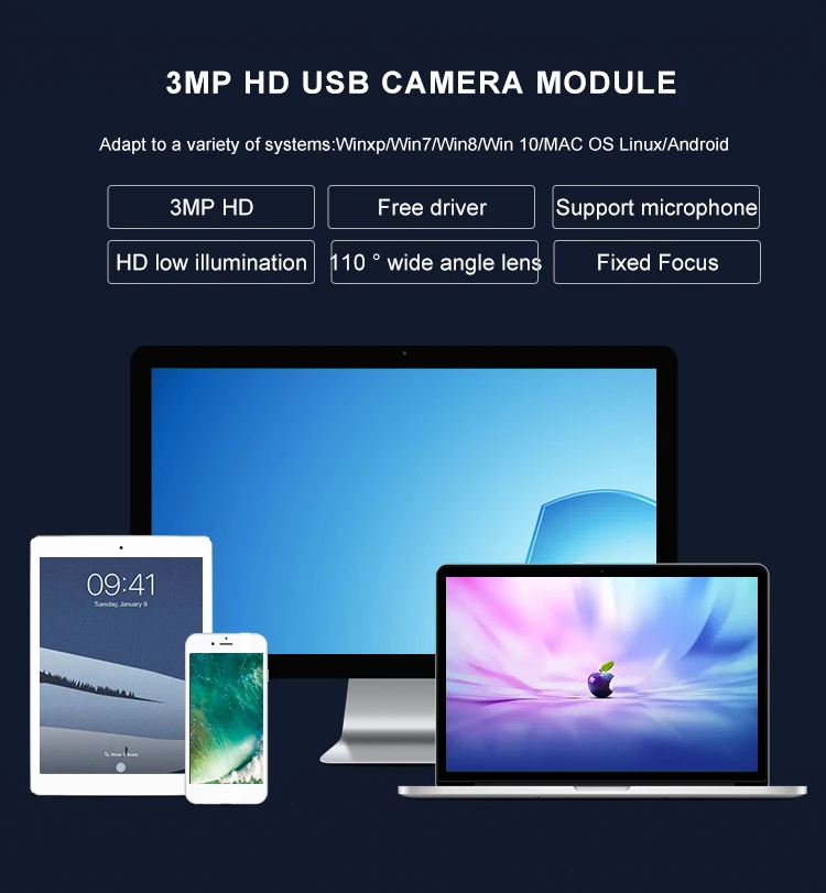 3MP 110 Degree Wide Angle Coms OV3660 Sensor Camera Ir global shutter camera module Support Microphone for face authentication