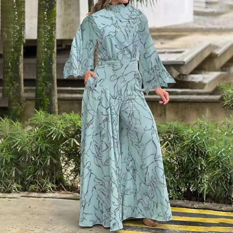 Long Sleeve Women Printed Jumpsuit High Neck Wide Leg New Lady