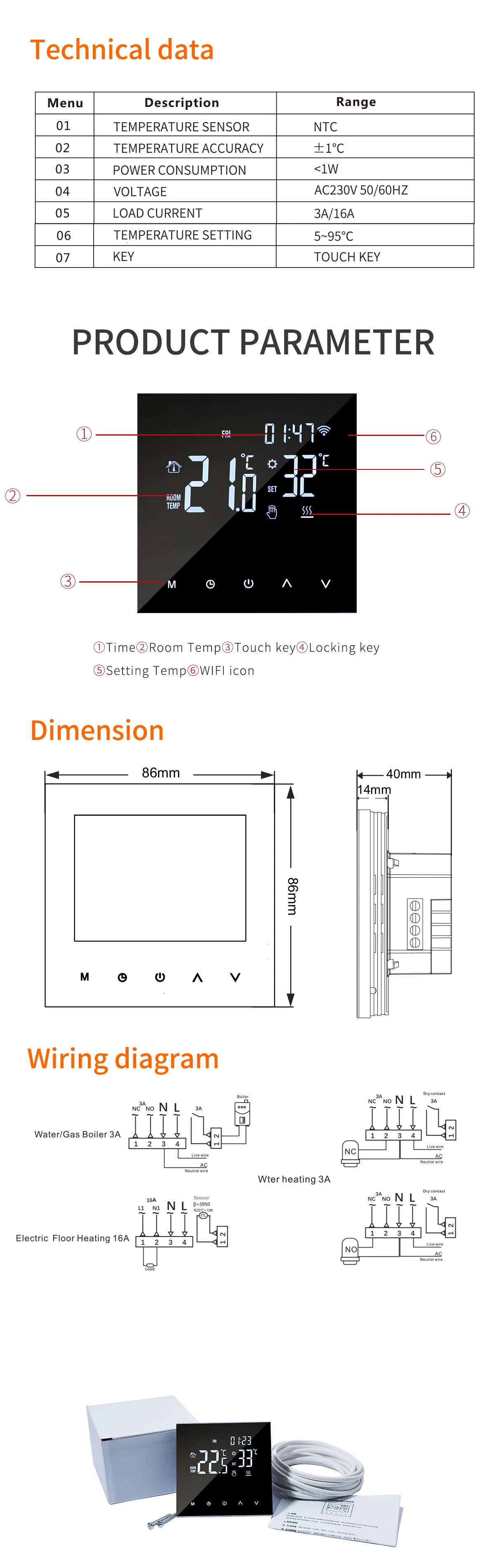 New  heating  thermostat mirror ME82 with tuya wifi thermostat