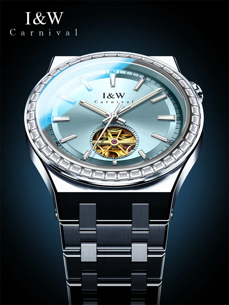 Carnival I&W Sport Automatic Mechanical Watch for Men Waterproof Tourbillon  Wristwatch Stainless Steel Luminous Sapphire Mirror