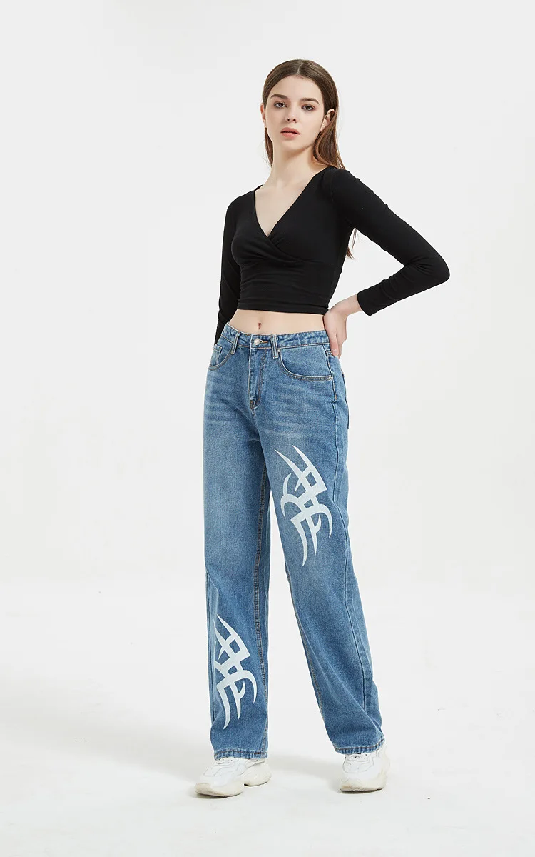 Custom Denim Straight Leg Pants Printed Fabric Denim Jeans Femmes Women's Pants Women Jeans