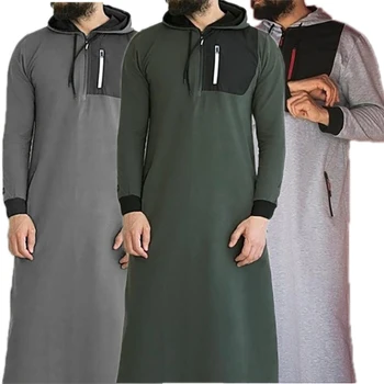 Plus Size Winter Thobe Men Muslim Hoodies Long Sleeve Moroccan Arabic Dubai Islamic Men Thobe Abaya