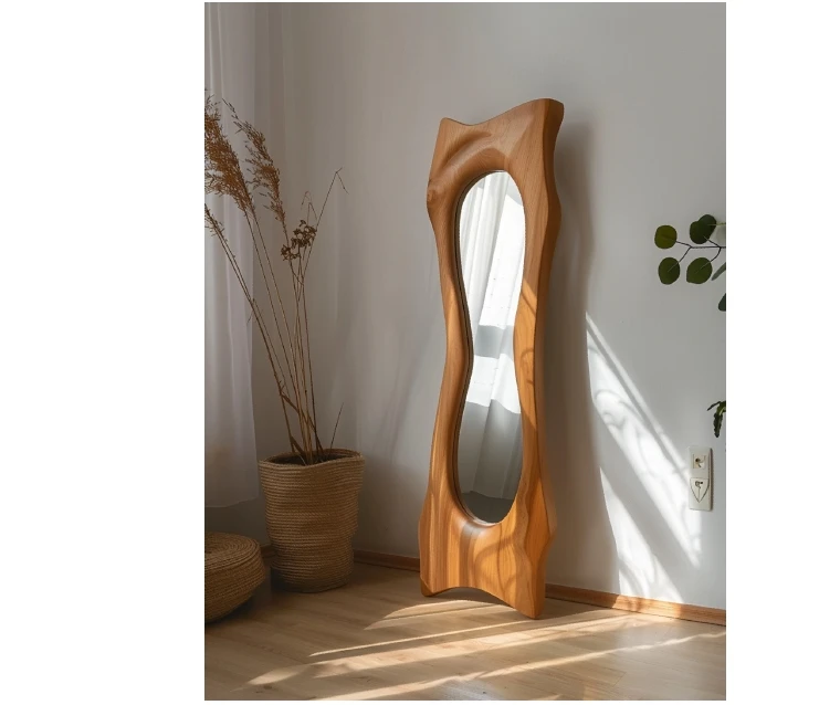 Spiegel in volledige lengte, golvende vloerspiegel, onregelmatige golvende spiegel, hangende of leunende wandspiegel voor slaapkamer, woonkamer, flanellen gewikkelde houten framespiegel, melkachtige