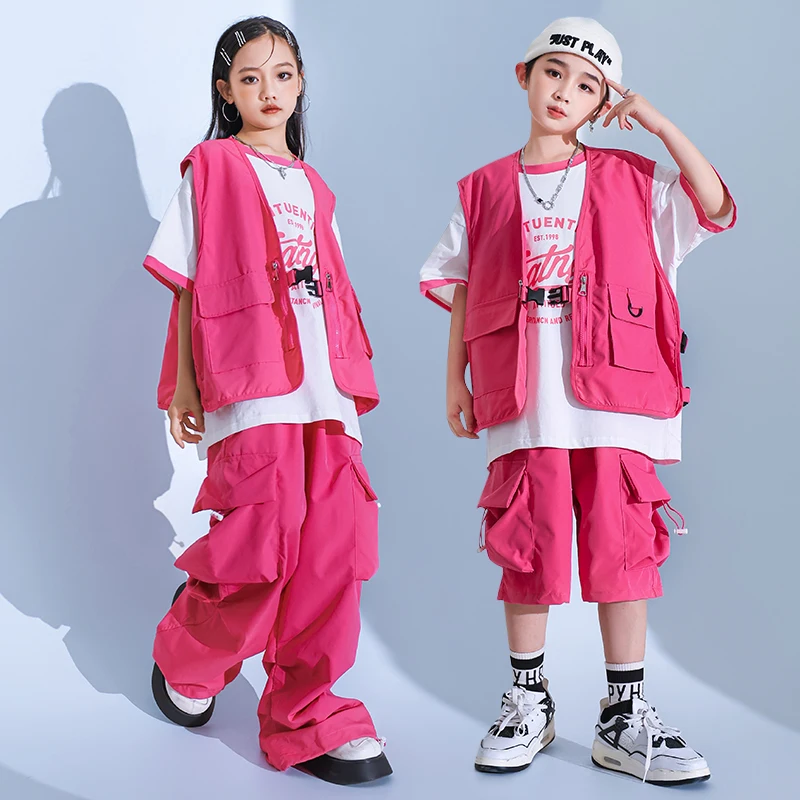 Boys Hip Hop Outfits Rose Vest Cargo Pants Girls Streetwear Children Pink  Joggers Street Dance Kids Jazz Costumes Clothes Sets
