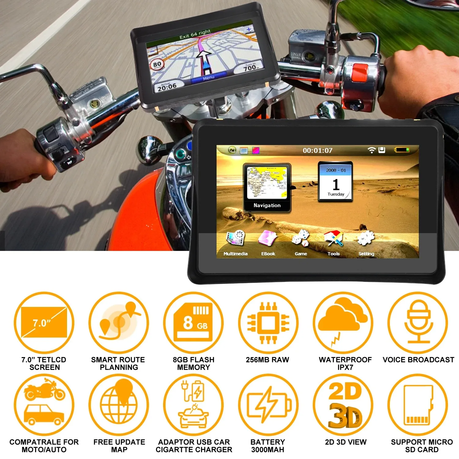 7Inch Touch Screen Motorcycle Special Navigator IPX6 Waterproof Motorcycle GPS Navigation Monitor Wireless CarPlay Android Auto