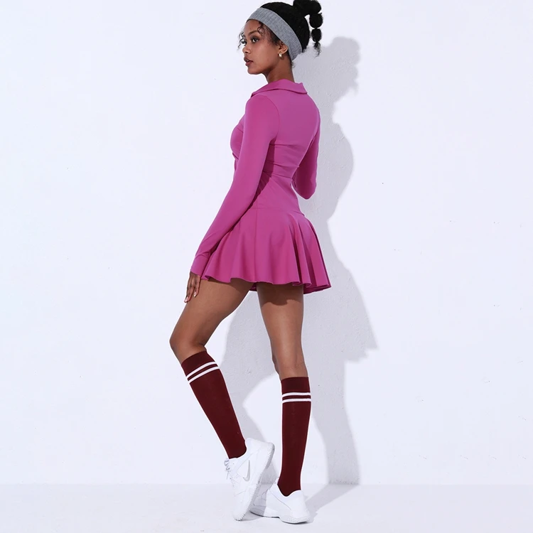 2025 Long Sleeve Folded Neck Tennis Skirts Women Sportswear Hot Pink Thumb  Hole Nylon Stretchy Ladies Golf Dress