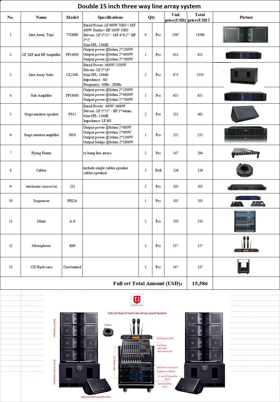 VT4889 Dual 15  Inch Three Way Powered Line Array Loudspeaker System Professional Audio Sound Passive Stage Speakers