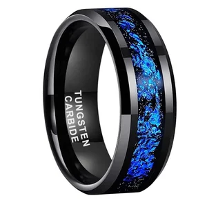 Coolstyle Jewelry 8mm Black Tungsten Rings for Men Women Blue Foil Inlay Fashion Engagement Wedding Band Beveled Polished Shiny