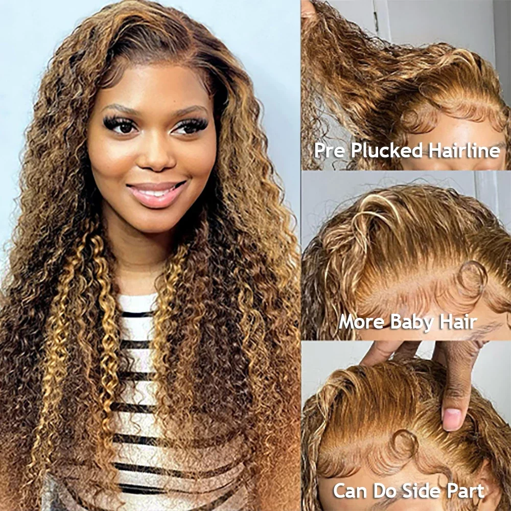 Parrucca frontale in pizzo con onde d'acqua biondo miele, capelli umani, 30 pollici, onda profonda sciolta frontale_voghion.com