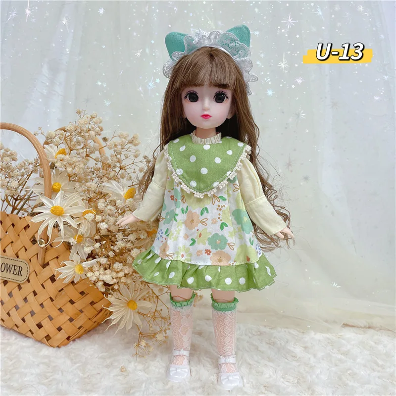 30cm Mode BJD Poupée + Maquillage + Yeux + Perruque Verte + Rose Robe Poupée