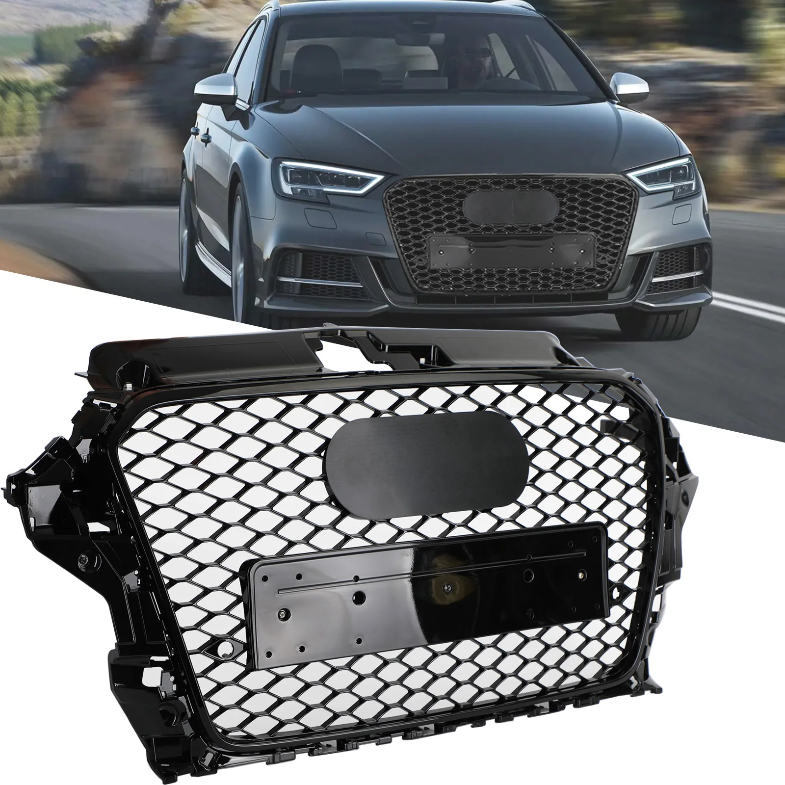 RS3スタイルフロントフードヘニコームバンパーグリルグリルforAudi A3 