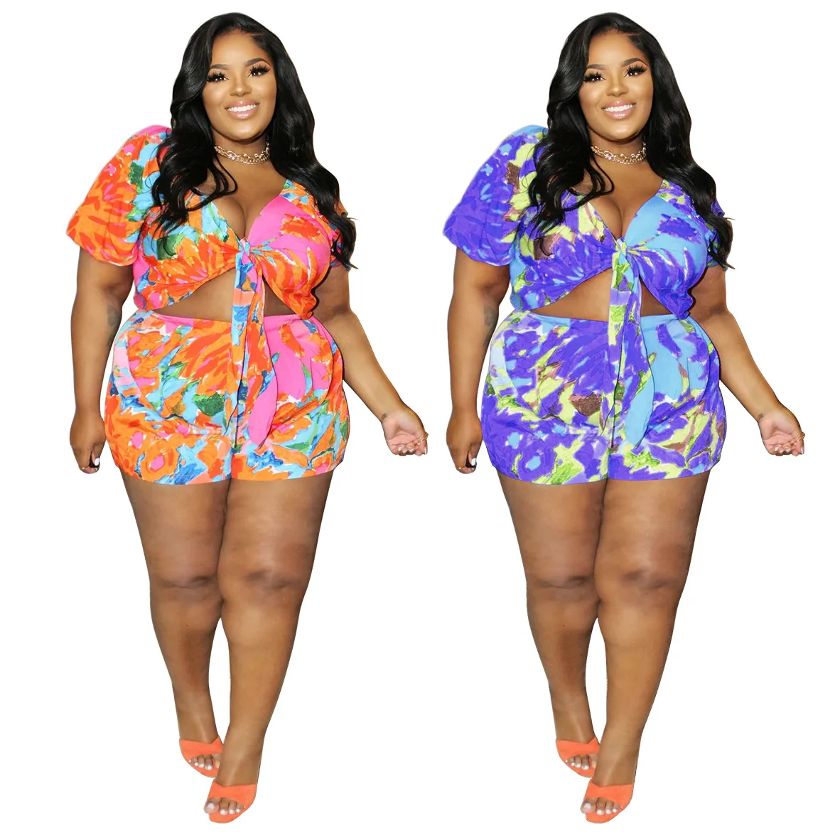 Bh550 Women Summer Floral Printed Plus Size Two Piece Short Set - Buy ...