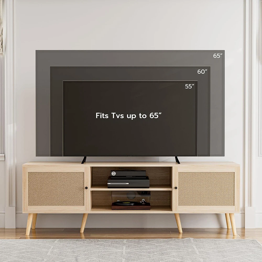 Modern TV Stand for TVs up to 65'' 2 Cabinets Rattan Door & Wooden Shelves Entertainment Center for Home Living Room manufacture