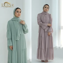 Wholesale Loriya Womens Dresses Islamic Clothing Solid Color Chiffon 2 Piece Abaya Set Long Sleeve Dress and Front Open Abaya