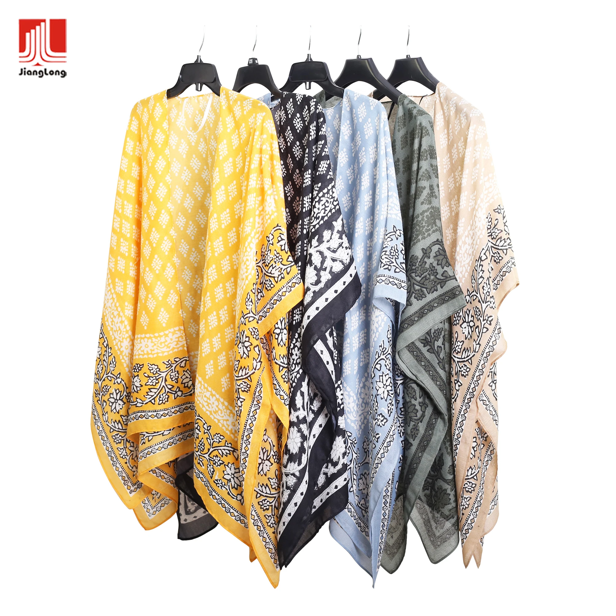New OEM lightweight recycle poly vintage floral border print textures casual ruana beachwear boho dress summer tops kimono women
