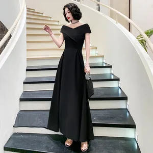 2026 Summer Elegant A-Line Party Dress for Banquets Host Women's Satin Black Off-Shoulder Evening Dress with Natural Waistline