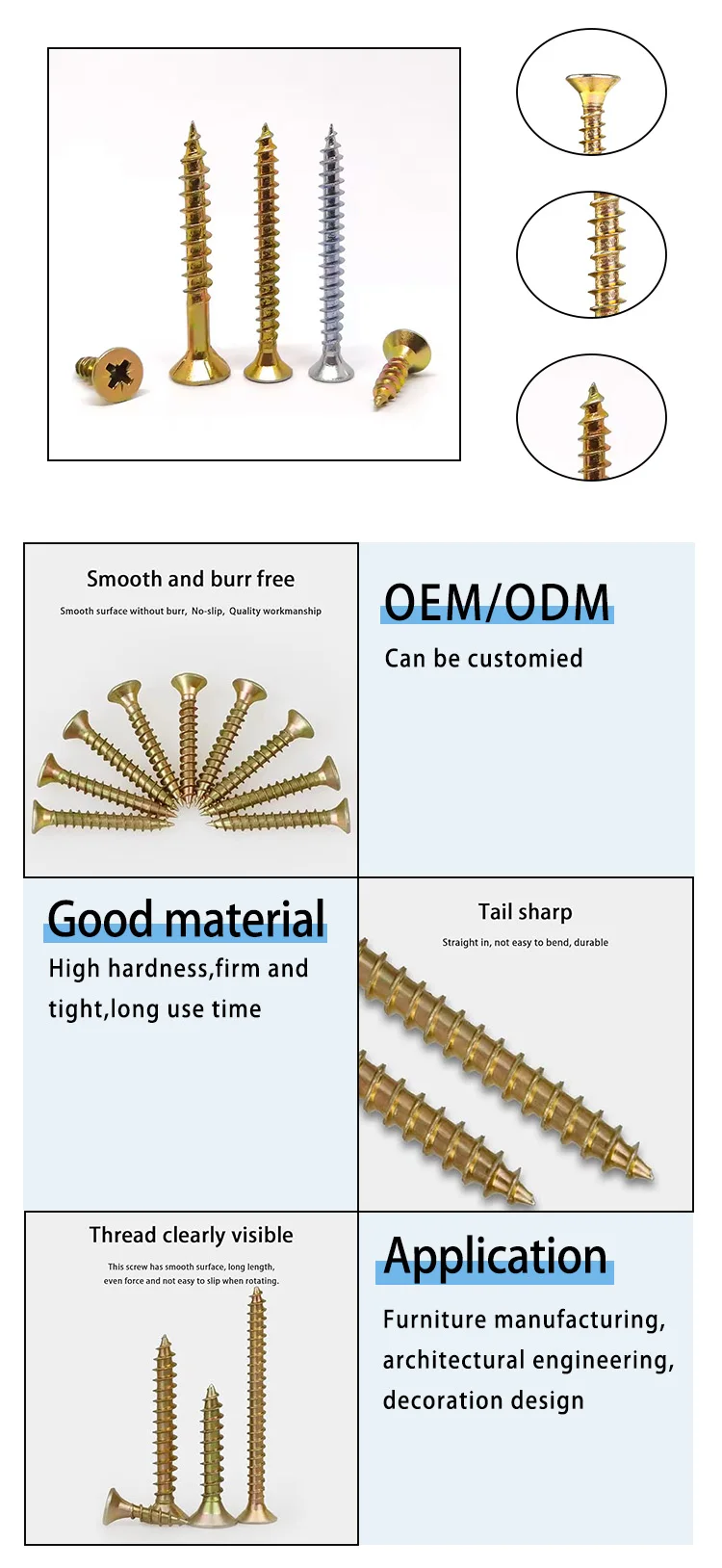 High Quality Yellow Zinc Plated Countersunk Double Flat Head Tapping Screw Chipboard Wood Screws For Woodwork details