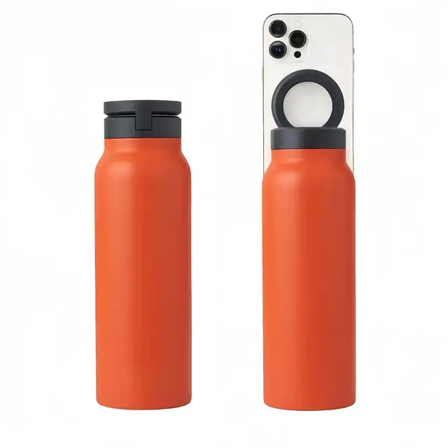 Customizable stainless steel water bottle with cell phone holder gym water bottle with phone holder