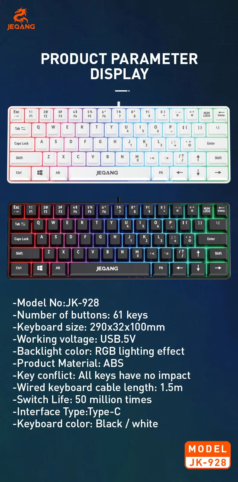 Jeqang JK-928 Mini Wired RGB 61-Keys Keyboard New Product Scissor Operation Style for Gaming or Office