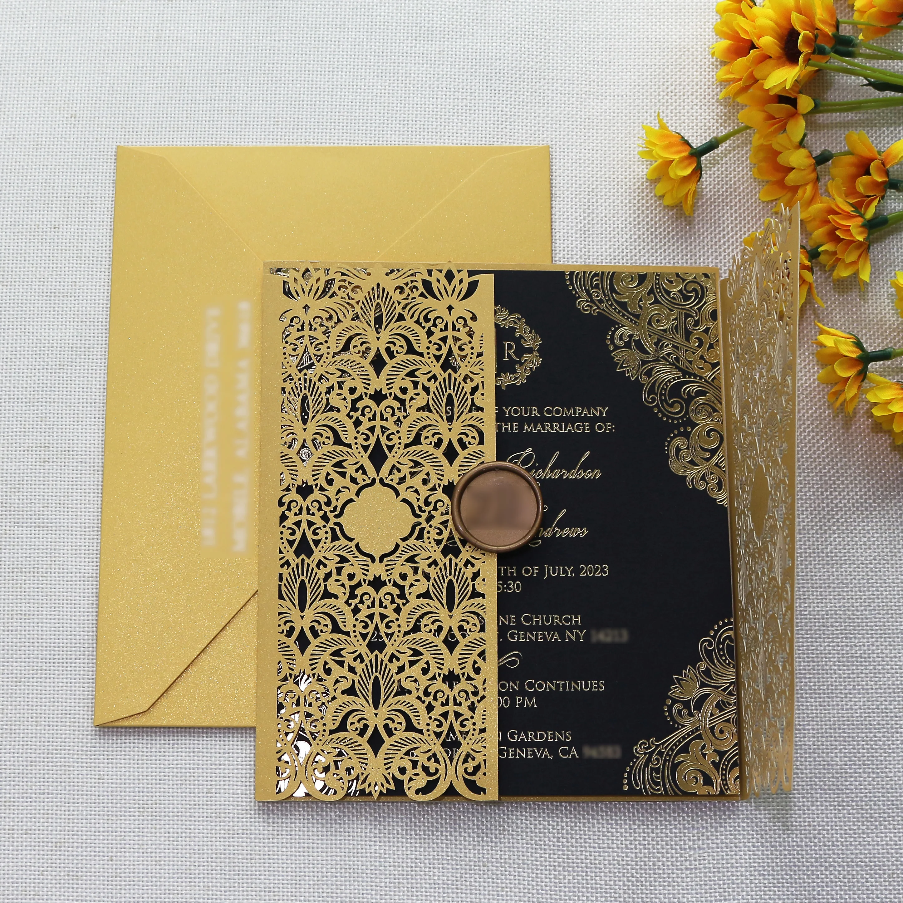 Customized Unique Diy Vintage Laser Cut Wedding Invitations with Ribbon Bow, image size:2893x2893