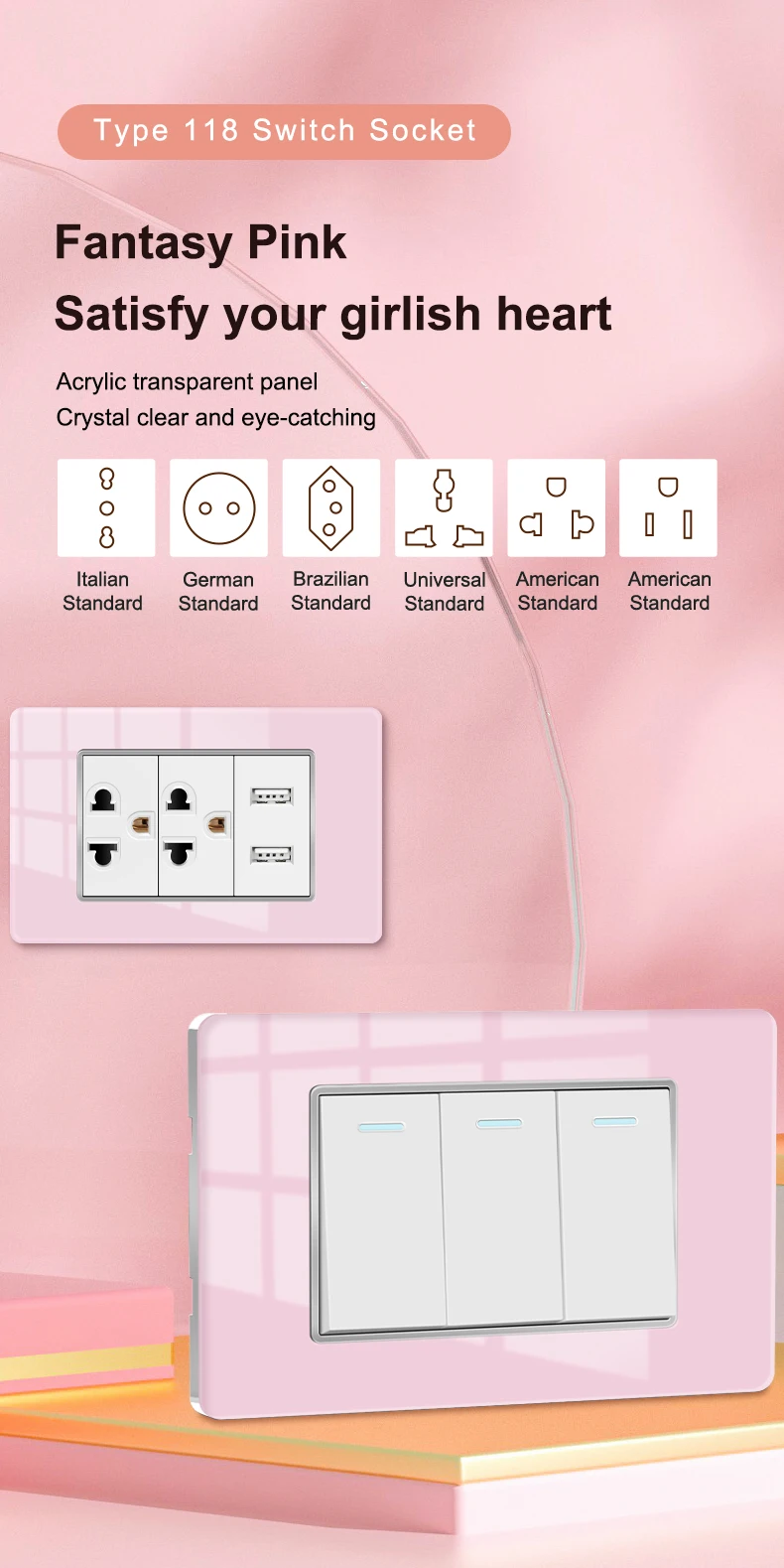 Pink Switch Can 118 Pink Acrylic Crystal Glass Switch And Socket Electric Wall Light ...
