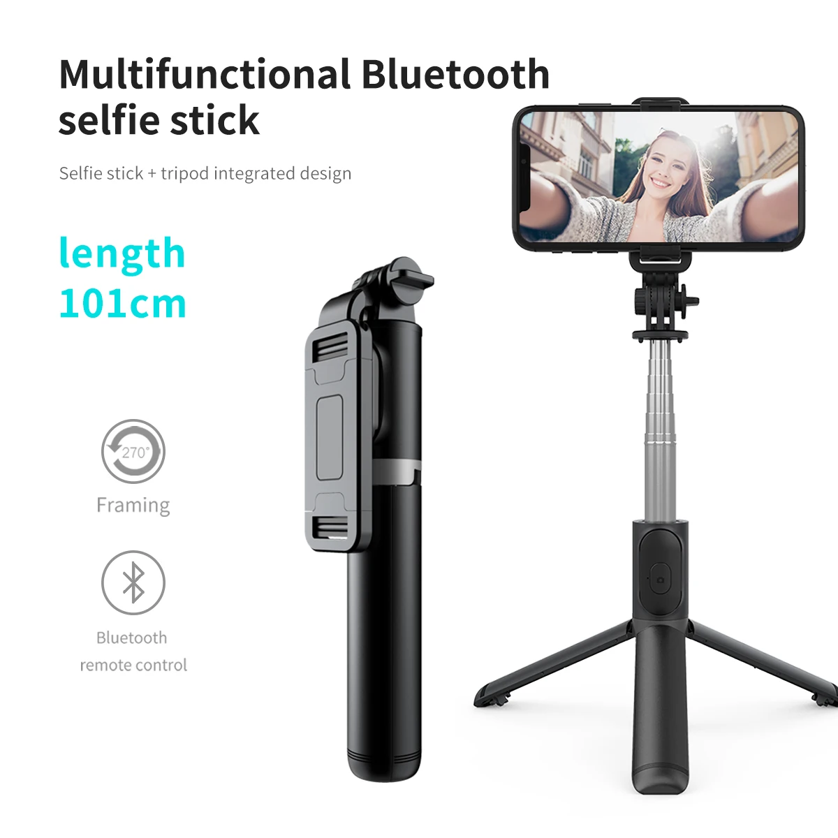 Q01 Extendable Selfie Stick with Wireless Remote and Tripod Stand Portable Lightweight Selfie Stick