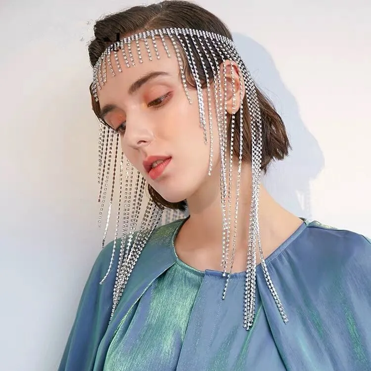 Silver Crystal Tassels Rhinestone Head Chain Headband Forehead Jewelry