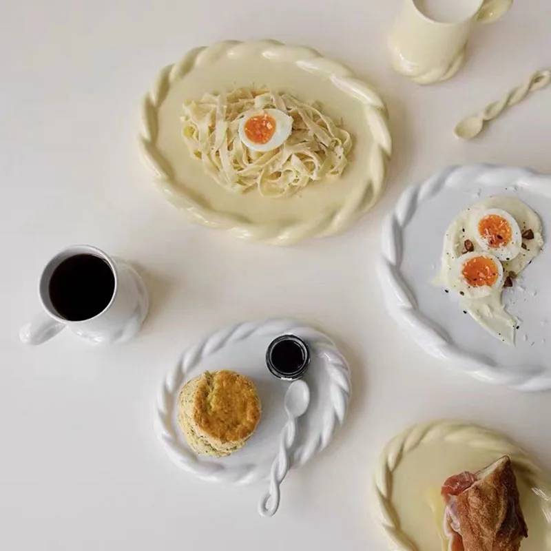 Korean Ins Simple Twist Solid Color Breakfast Milk Ceramic Mug Creative Western Food Fruit Plate Dessert Salad Tableware