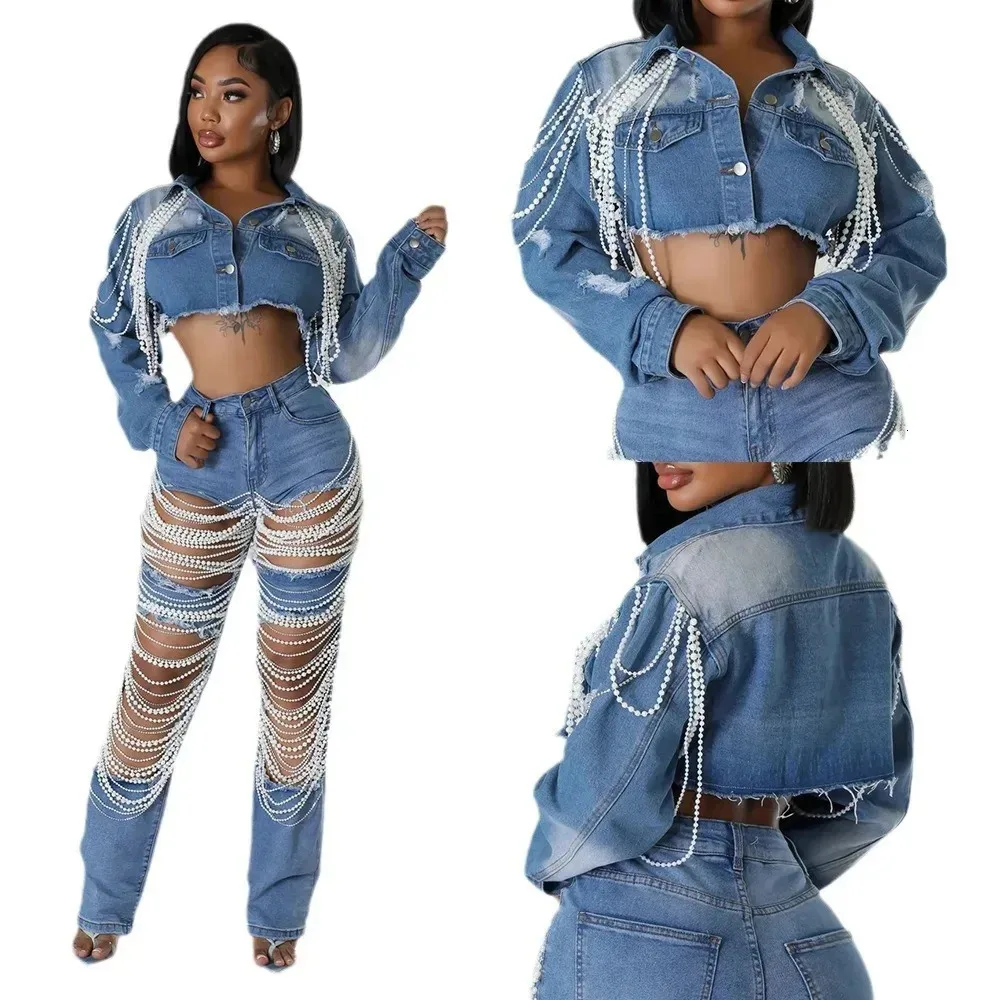 New Fashionable Pearl Chain Decoration Women Denim Jacket Turn Down Collar Crop Top Ripped Jeans Jacket for Women